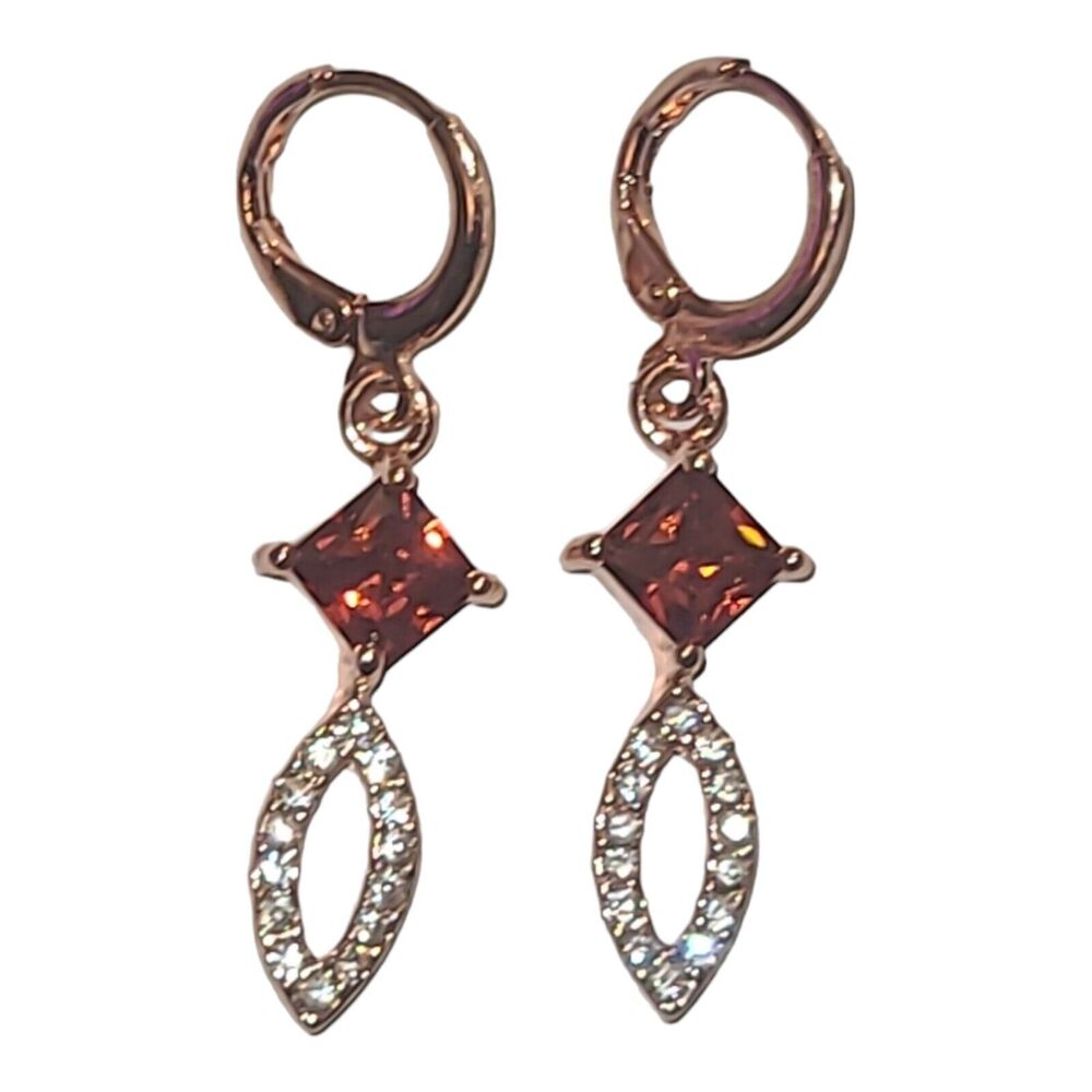 Rose Gold Tone Red & White Crystal Rhinestone Dangle Earrings 1.5" - Picture 3 of 4